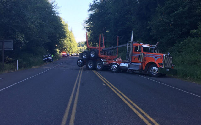 Head on collision with log truck sends man to the hospital